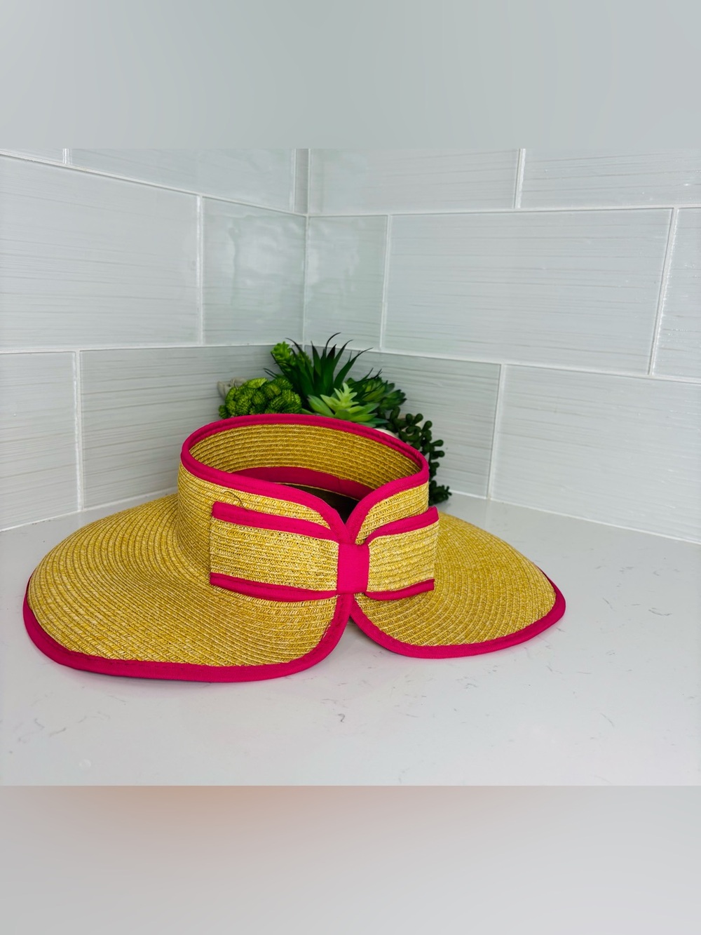 Vintage Bijoux Terner Pink Straw Visor Y2K Boho Beach Sun Hat Roll Up Travel